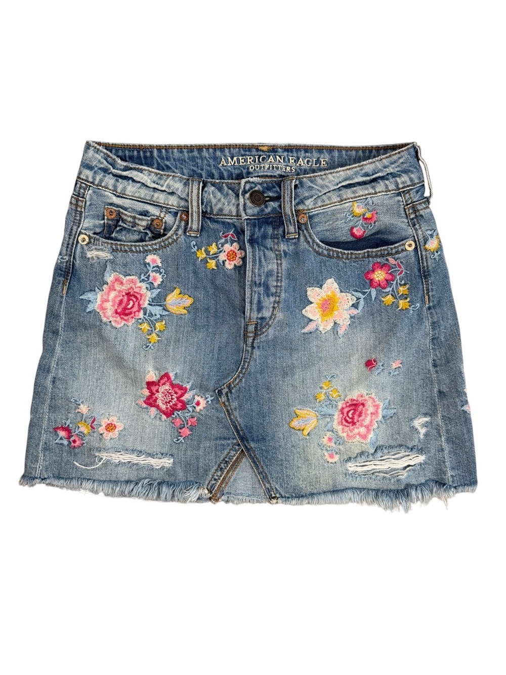 American Eagle Floral Embroidered Distressed Denim Mini Skirt Size 00